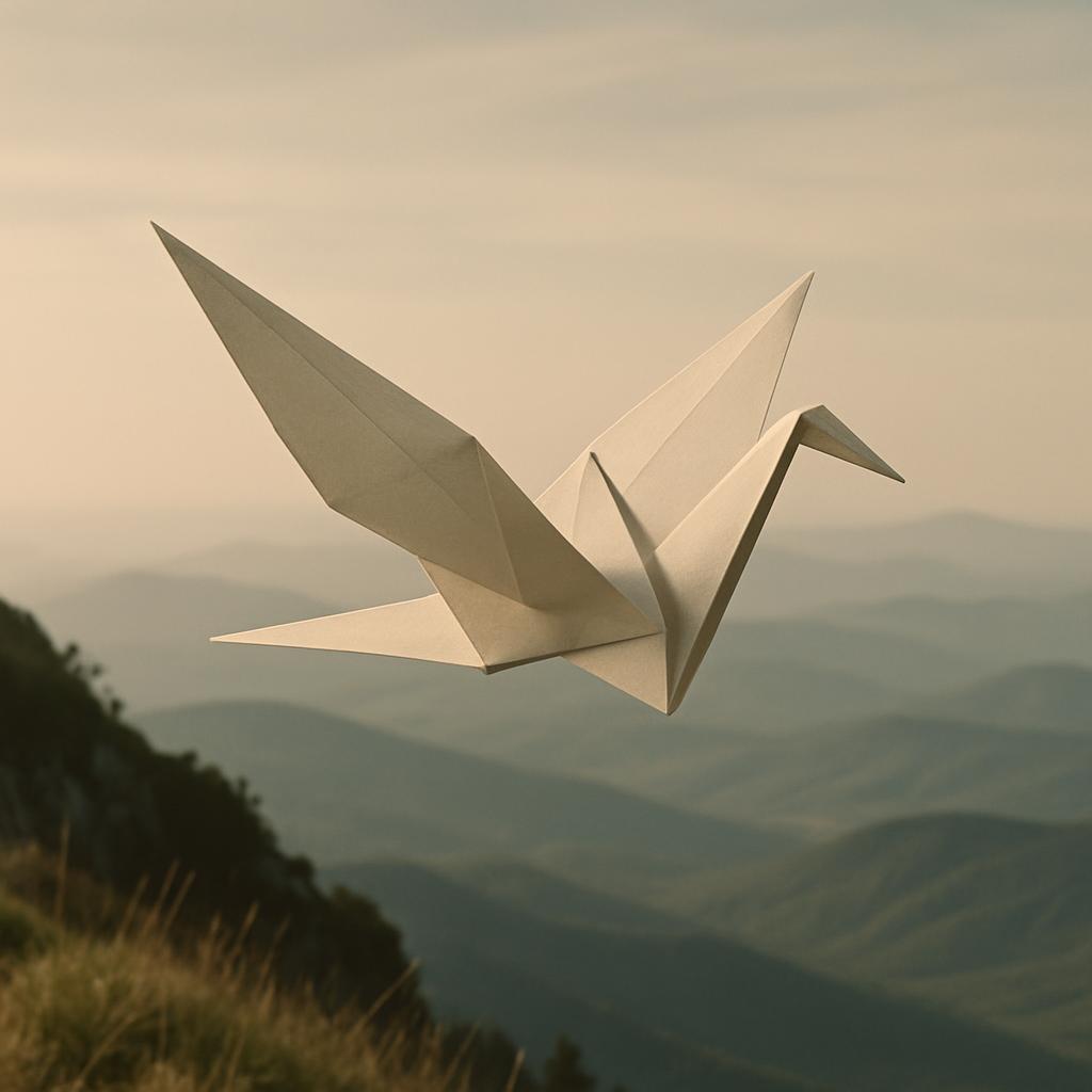 An origami crane artwork in a natural landscape setting.