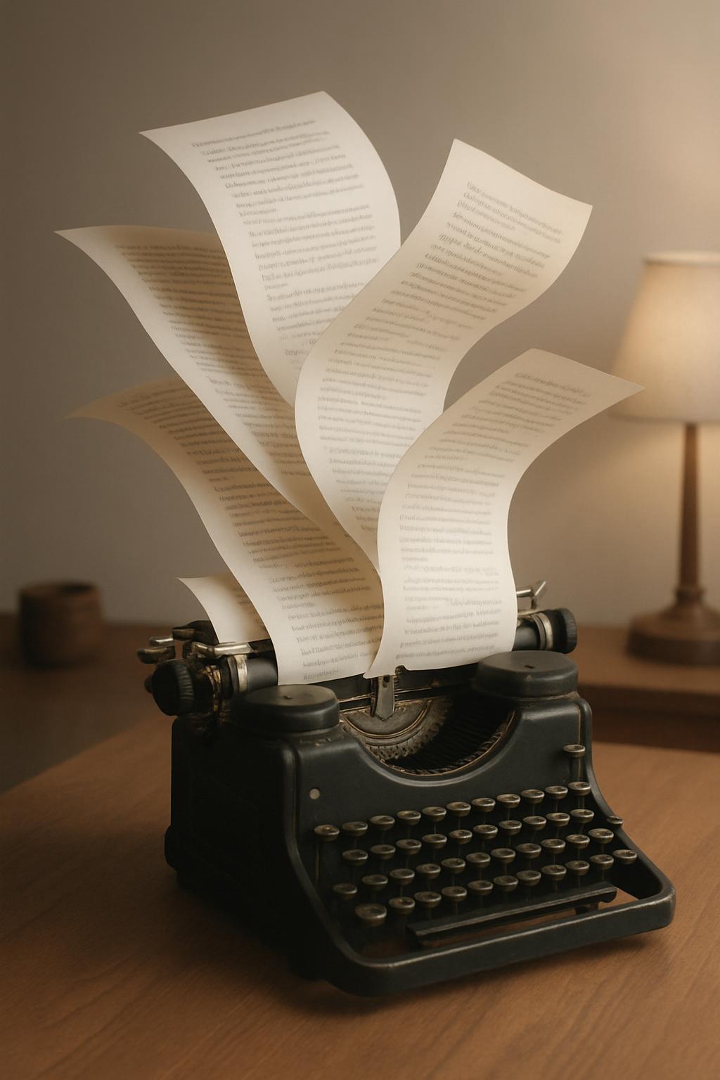 A vintage typewriter with paper flying out of it. Artificially generated background. Image depicts a cozy scene with a pre...