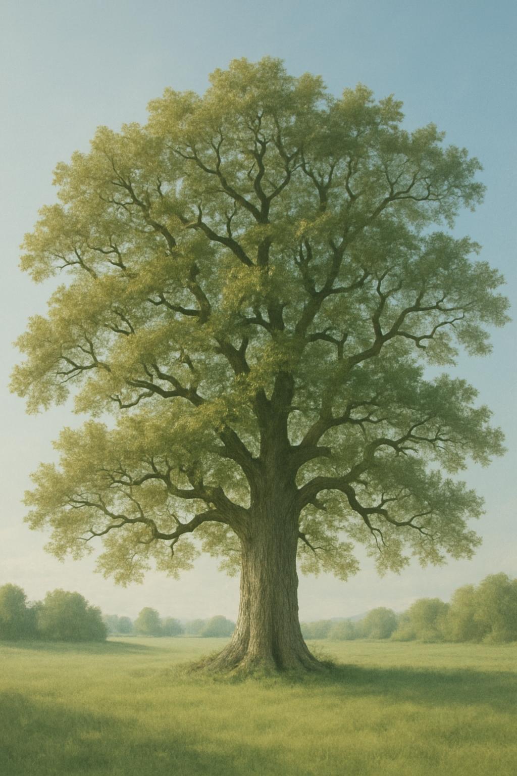 Generated with AI, a large tree in a field.