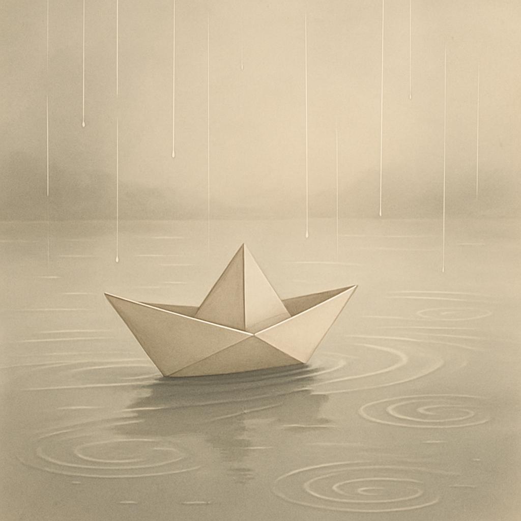 Neutral - A paper boat on water in the rain.